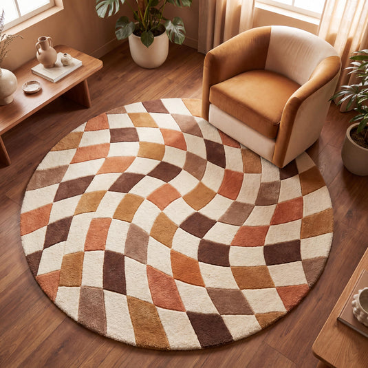 Translation missing: es.Hand tufted round wool rug with retro geometric wave pattern in terracotta, ivory, and brown tones styled in a modern living room __etsy:8048400923