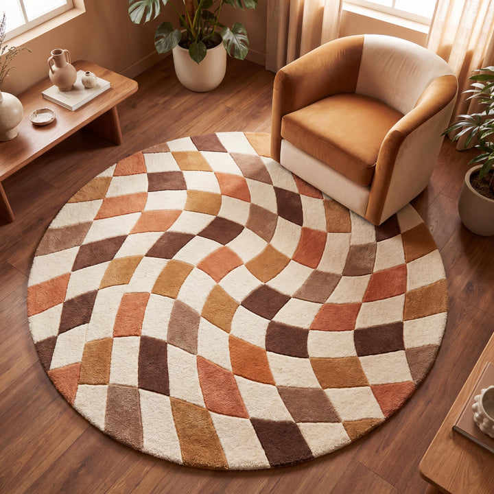 Translation missing: es.Hand tufted round wool rug with retro geometric wave pattern in terracotta, ivory, and brown tones styled in a modern living room __etsy:8048400923