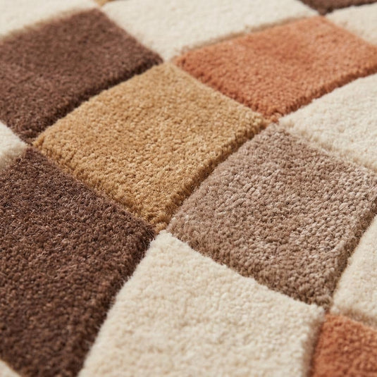 Translation missing: es.Close-up texture of handmade wool blend rug showing dense cut pile, soft tufting details, and curved geometric pattern craftsmanship __etsy:8048400843