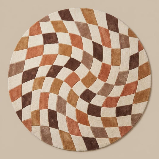 Translation missing: es.Mid century modern round area rug beneath accent chair with warm earthy colors and abstract curved checker design __etsy:8000470566
