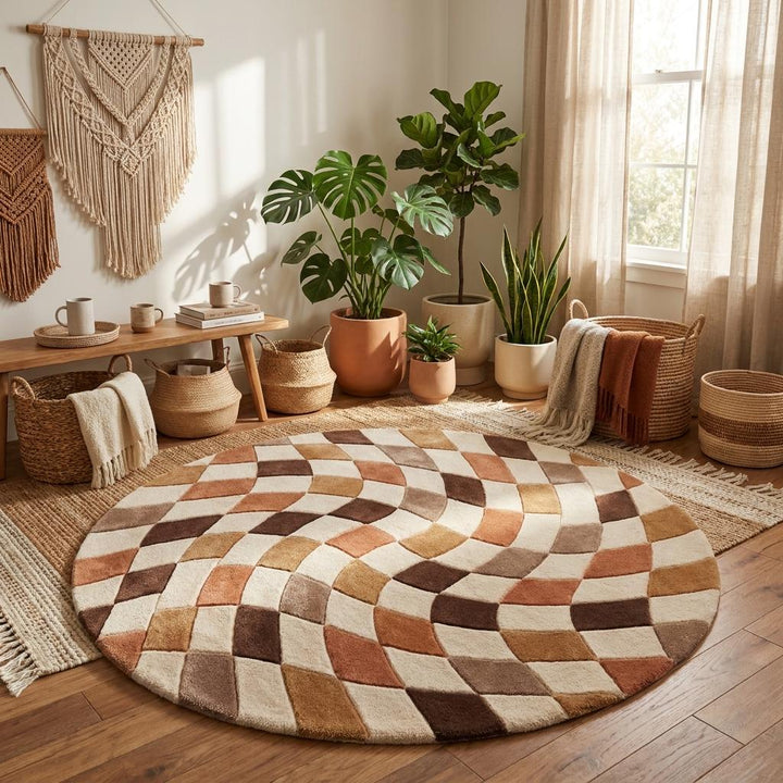 Translation missing: es.Contemporary handmade wool rug with retro inspired abstract pattern paired with wooden flooring and neutral furniture décor __etsy:8048400731