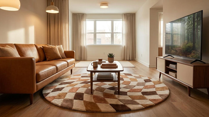 Translation missing: es.Earth-tone hand tufted area rug featuring sculpted geometric shapes ideal for reading nooks, lounges, and modern apartments __etsy:8048400719