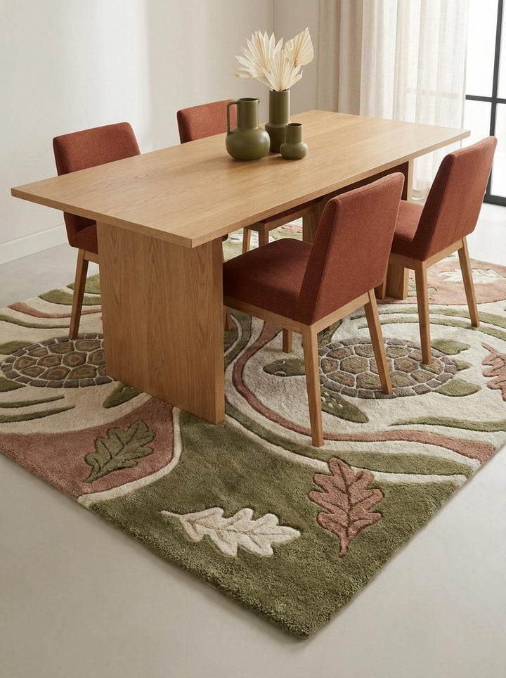 Translation missing: en.Decorative sage green and cream carved wool rug styled with neutral furniture and natural wood flooring