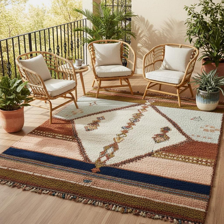 Translation missing: es.Hand-woven wool area rug in soft pastel palette – blush pink, muted teal and ivory – authentic Moroccan style for bedroom or nursery