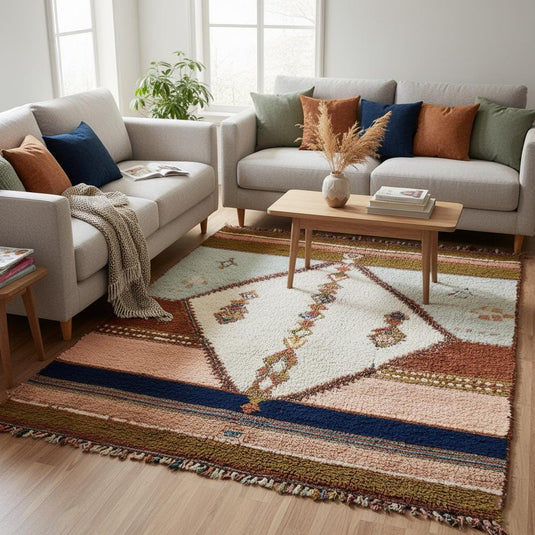 Translation missing: es.Sage green and blush wool berber rug, neutral boho floor accent, handmade carpet for living room or entryway