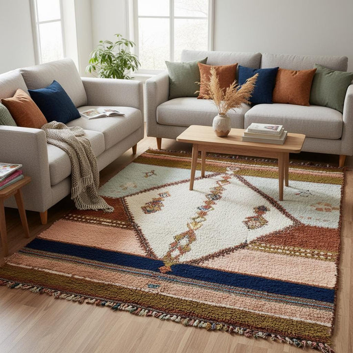 Translation missing: es.Sage green and blush wool berber rug, neutral boho floor accent, handmade carpet for living room or entryway