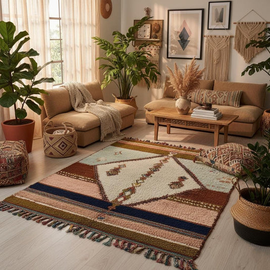 Translation missing: es.Pastel boho area rug wool with Moroccan geometric design, blush pink and olive tones, perfect for new home gift décor