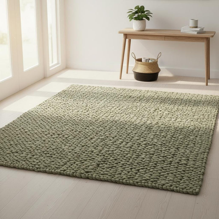 Translation missing: es.Hand-crafted Sage Olive Wool Loop-Pile Rug • Chunky Textured Living Room Rug Carpet Handmade • Natural Beige Accent Indoor Floor Teppich