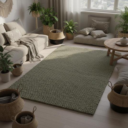 Translation missing: es.Hand-crafted Sage Olive Wool Loop-Pile Rug • Chunky Textured Living Room Rug Carpet Handmade • Natural Beige Accent Indoor Floor Teppich