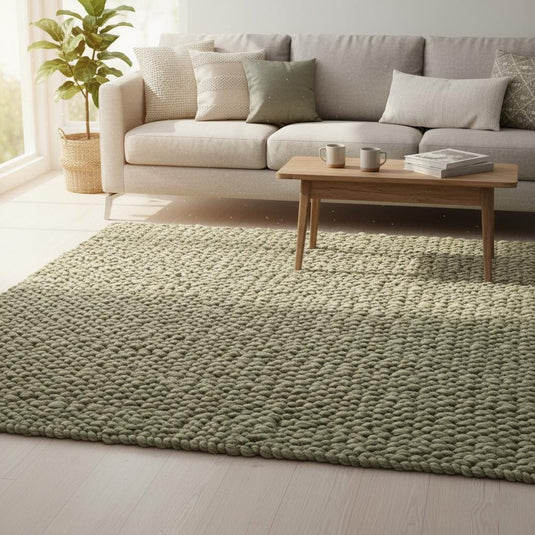 Translation missing: es.Hand-woven natural wool carpet in sage green and off-white, textured loop-pile design for living space, rugs rug teppich