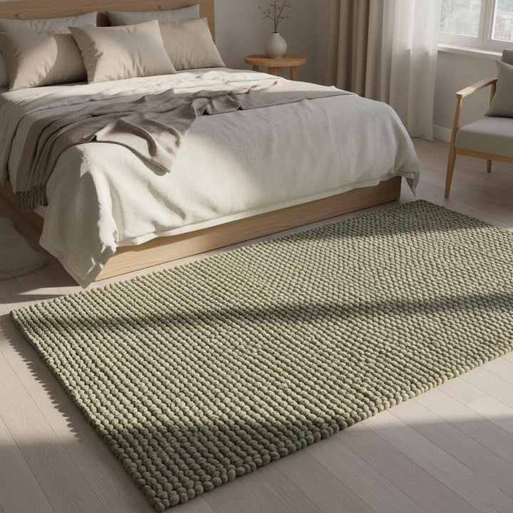 Translation missing: es.Top view handcrafted sage olive wool loop-pile rug with natural cream loops, textured living room floor covering, handmade rugs rug carpet teppich