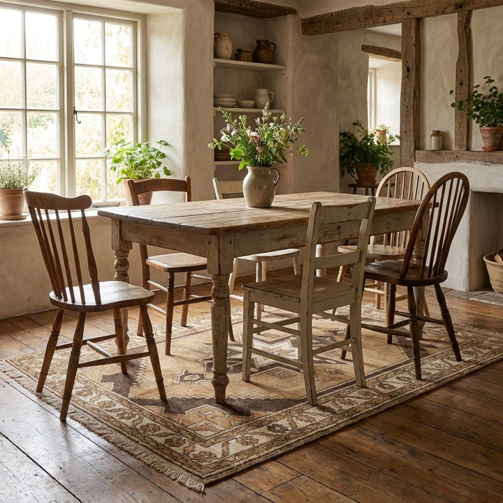 Translation missing: en.Hand knotted Vintage Style Anatolian Rug, Earth Tone Brown Beige Wool Area Rug, Geometric Pattern for Living Room
