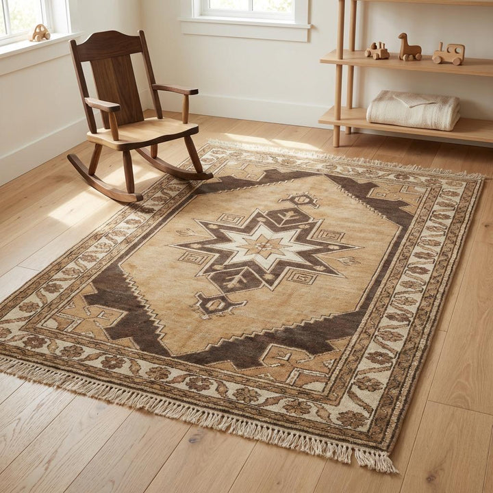 Translation missing: en.Hand knotted Vintage Style Anatolian Rug, Earth Tone Brown Beige Wool Area Rug, Geometric Pattern for Living Room
