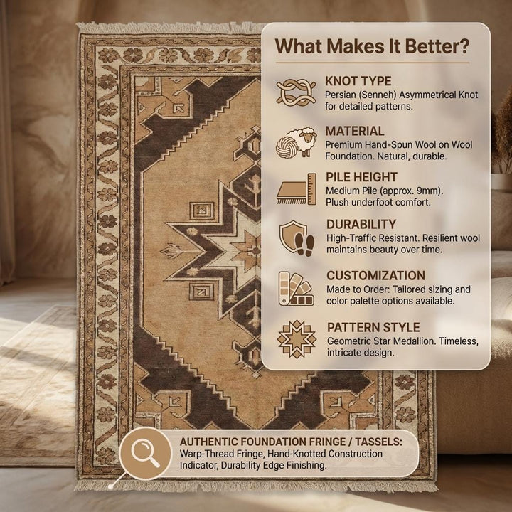 Translation missing: en.Hand knotted Vintage Style Anatolian Rug, Earth Tone Brown Beige Wool Area Rug, Geometric Pattern for Living Room