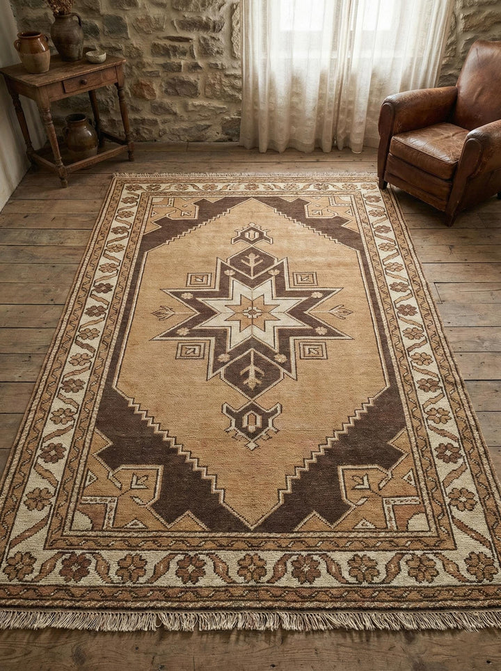 Translation missing: en.Hand knotted vintage style Anatolian rug with earth tone geometric star medallion pattern in brown and beige wool