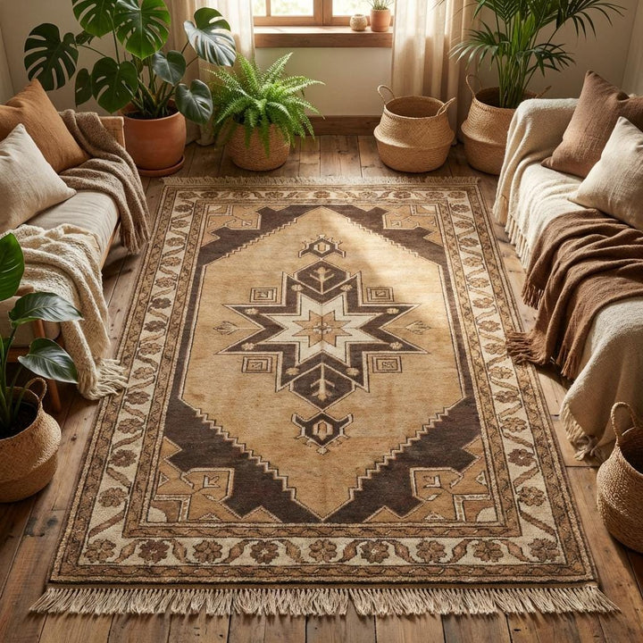 Translation missing: en.Artisan made wool hand knotted rug with symmetrical tribal design and warm earthy color palette