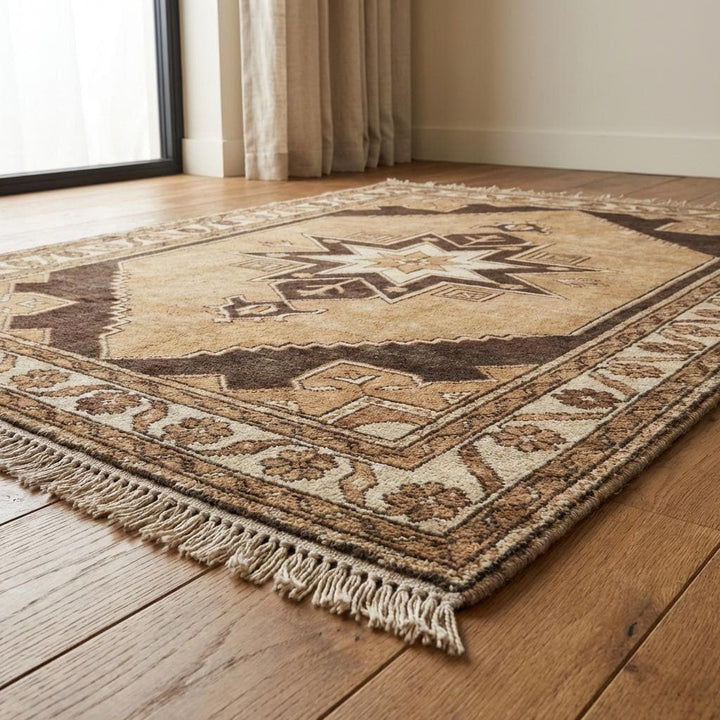 Translation missing: en.Beige and brown geometric tribal rug hand knotted from natural wool, suitable for living room décor