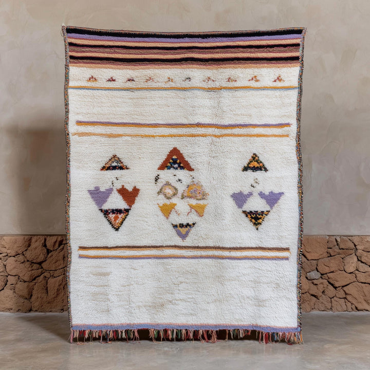 Translation missing: es.Hand-loomed blush pink wool rug with Moroccan tribal kilim design and pastel boho accents