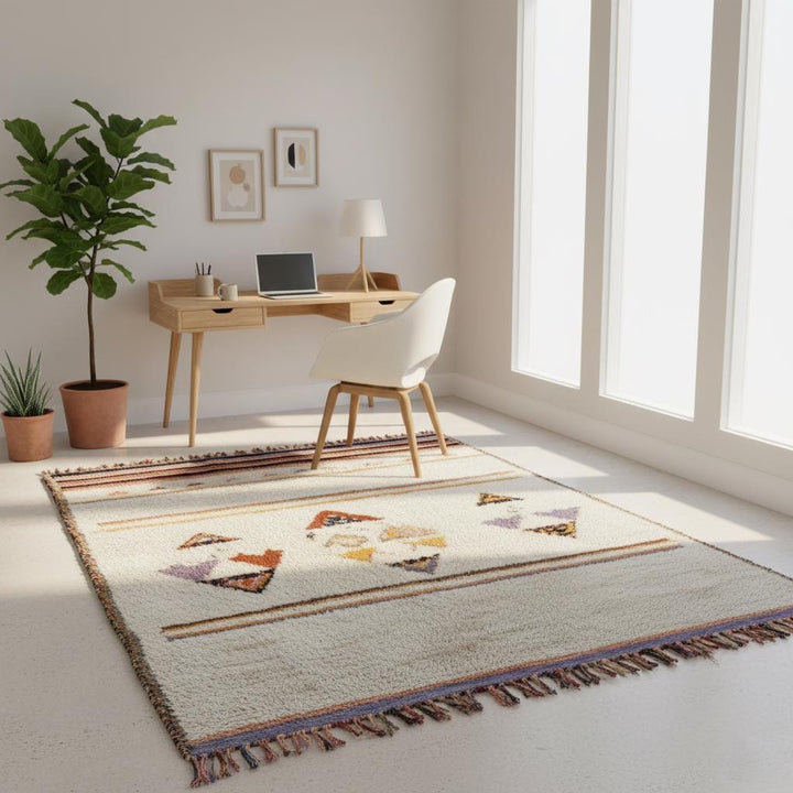 Translation missing: es.Rust accent diamond on pastel Moroccan style wool rug showing artisan handmade finish