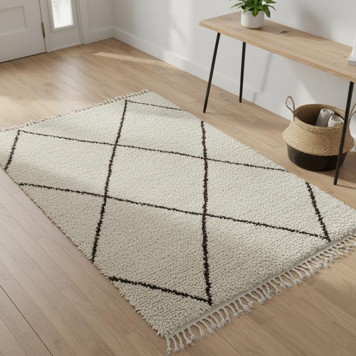 Translation missing: es.Handcrafted Beni Ourain Style Wool Rug – Ivory Shag, Berber Diamond Design