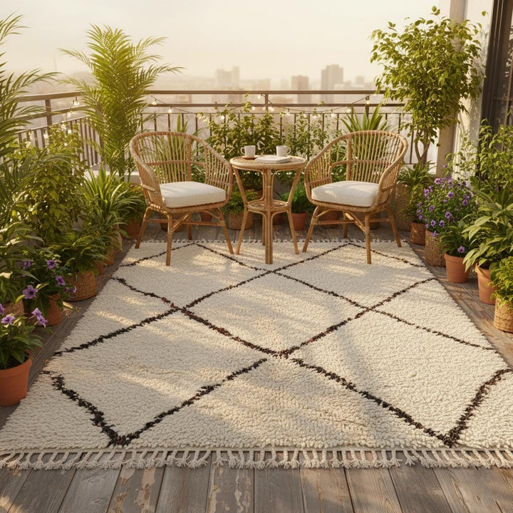 Translation missing: es.Handcrafted cream wool shag rug with minimalist Berber diamond pattern — ideal as a cozy living room area rug or bedroom centerpiece