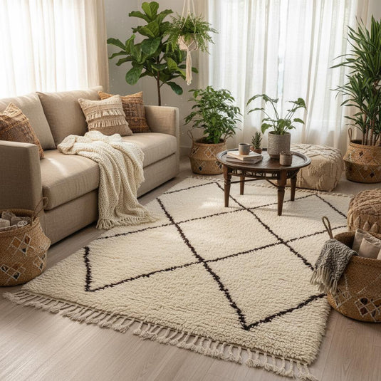 Translation missing: es.Neutral beige/ivory Beni Ourain inspired rug with black/brown diamond lines — handwoven look, boho modern decor for sofa area