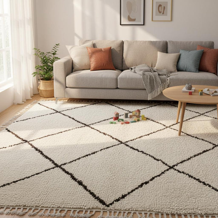 Translation missing: es.Soft wool feel shag rug in ivory with subtle rust accents along dark diamond lines — handmade aesthetic for bedroom or nursery