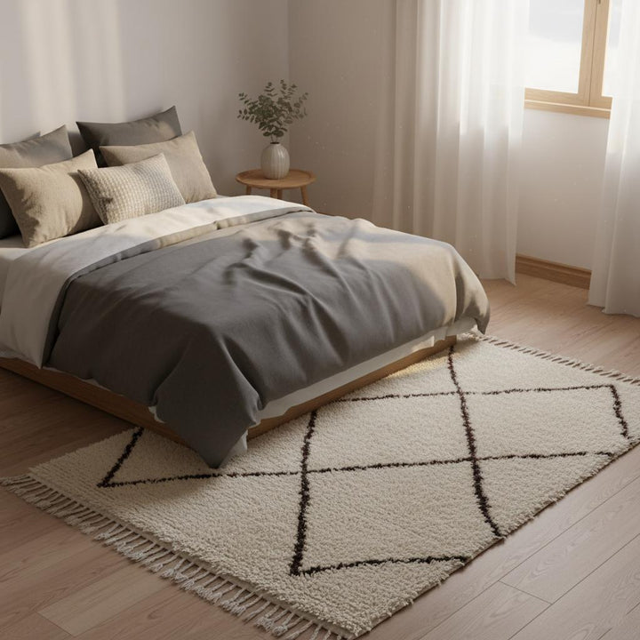 Translation missing: es.Handcrafted Beni Ourain Style Wool Rug – Ivory Shag, Berber Diamond Design