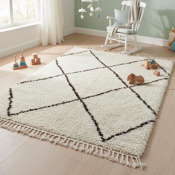 Translation missing: es.Minimalist neutral rug: Beni Ourain style, plush high-pile wool shag, multipurpose for living room, layered rug styling, and photo staging