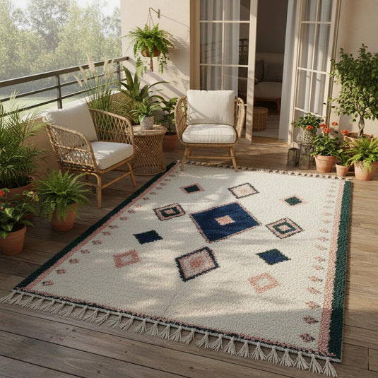 Translation missing: es.Flat-woven wool boho rug with tribal diamond pattern, indigo centre and clay accent diamonds