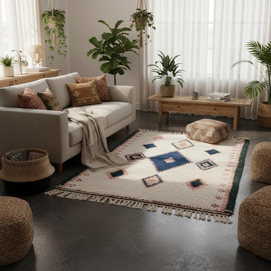 Translation missing: es.Global home décor wool carpet, flat-weave style, muted indigo and clay tones with fringe ends