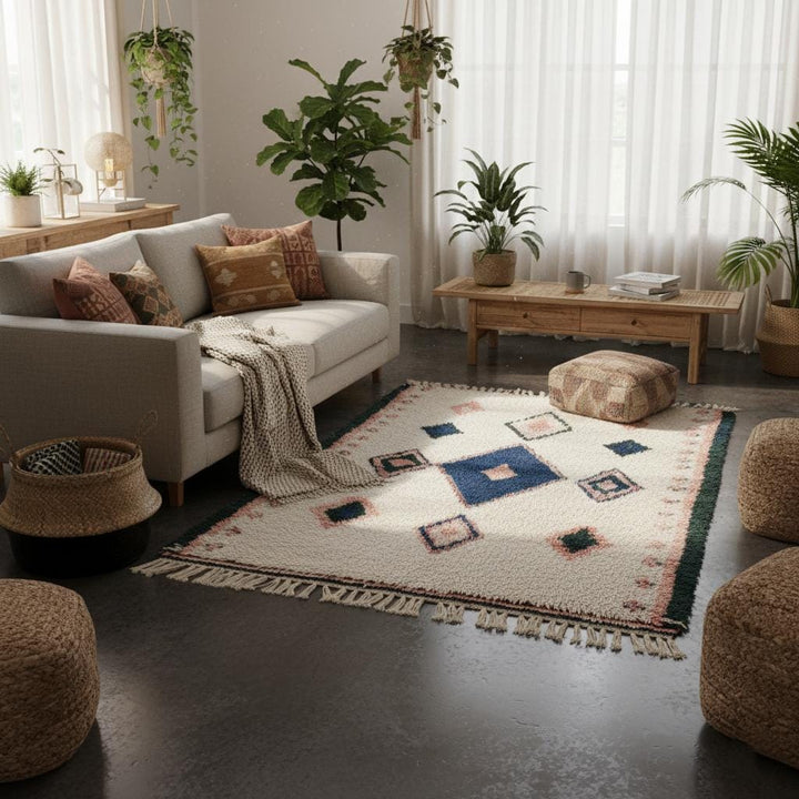 Translation missing: es.Global home décor wool carpet, flat-weave style, muted indigo and clay tones with fringe ends