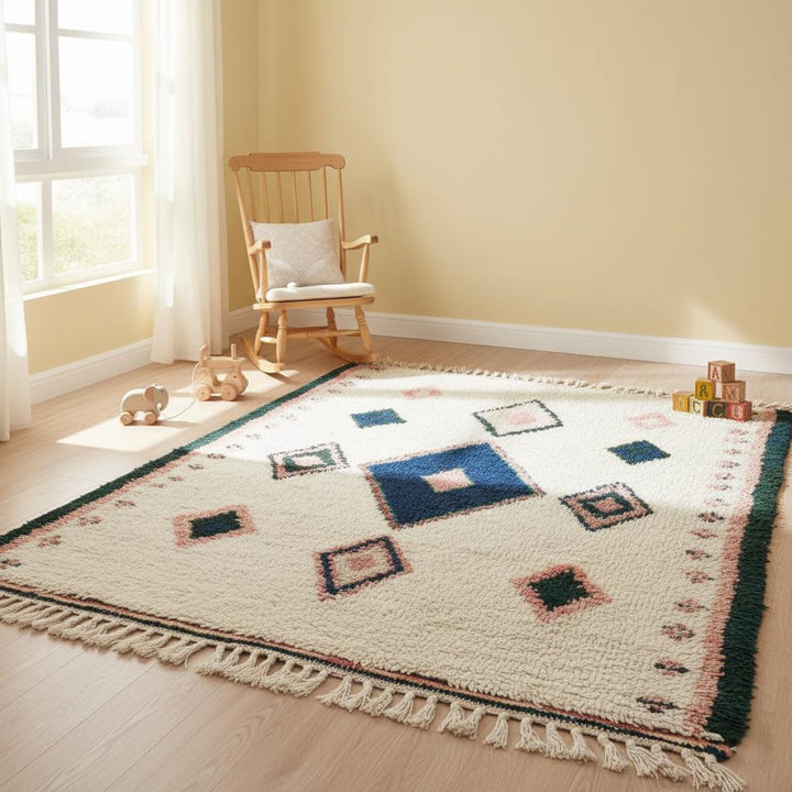 Translation missing: es.Bohemian flatwoven rug, wool kilim design, indigo and terracotta clay colour palette, living room accent
