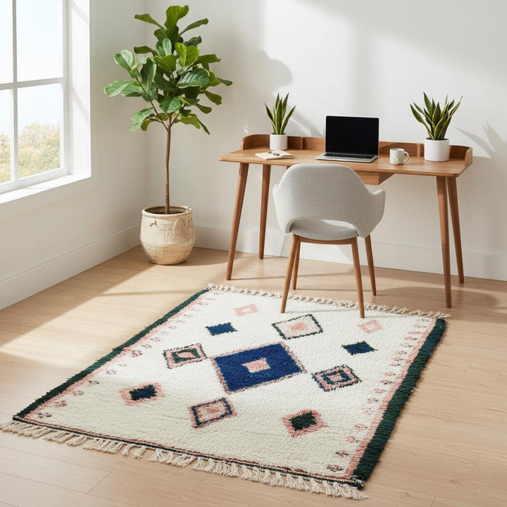 Translation missing: es.Modern rustic wool flat-weave rug, boho global style, muted indigo base, clay geometric diamonds
