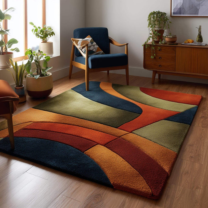 Translation missing: es.Handmade retro rug with curved geometric pattern in burnt orange, olive green, navy, and amber gold wool tufted carpet