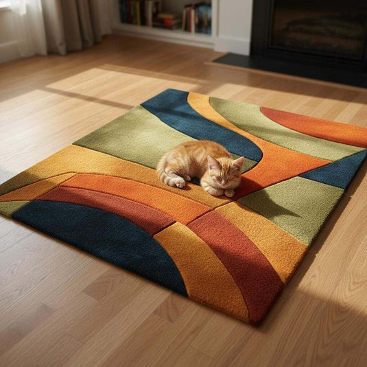 Translation missing: es.Handmade retro rug wool tufted with curved geometric 70s pattern in burnt orange, olive green, navy, and amber gold