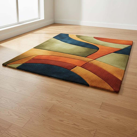 Translation missing: es.Handmade retro rug with curved geometric 70s pattern in wool tufted carpet for mid century modern decor