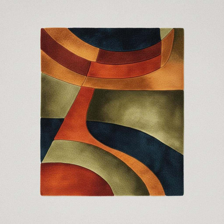 Translation missing: es.Handmade retro rug with curved geometric pattern in burnt orange, olive green, navy, and amber gold wool tufted carpet