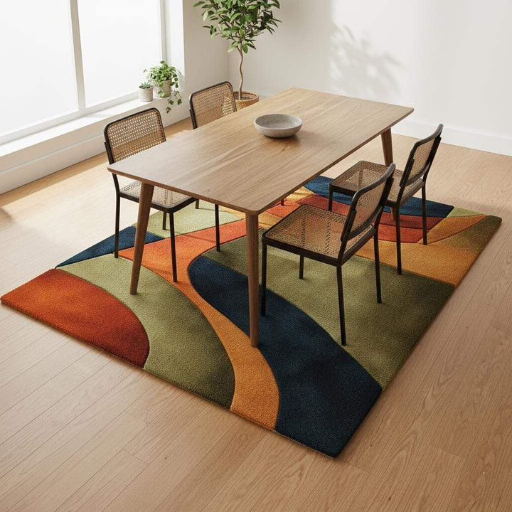 Translation missing: es.Handmade retro rug with curved geometric pattern in burnt orange, olive, navy, and amber gold wool tufted carpet