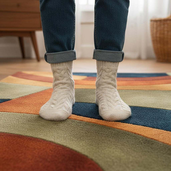 Translation missing: es.Handmade retro rug with mid century curved geometric pattern in warm 70s tones on wool tufted carpet