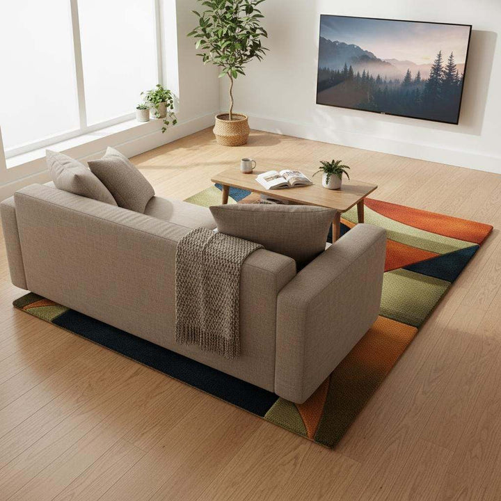 Translation missing: es.Handmade retro rug with curved geometric pattern in burnt orange, olive green, navy, and amber gold wool tufted carpet