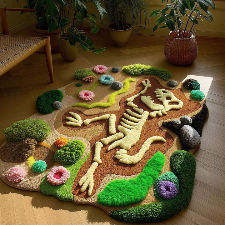 Translation missing: en.Hand-tufted skeleton rug with 3D textured dinosaur design for artistic home décor