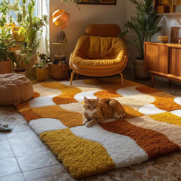 Translation missing: en.Handmade tufted shag rug with retro geometric wave design in earthy orange, mustard, cream, and brown tones