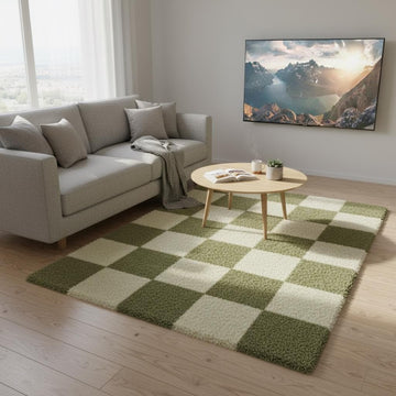 Translation missing: fr.Handmade tufted wool rug with green and cream checkerboard pattern for boho accent decor