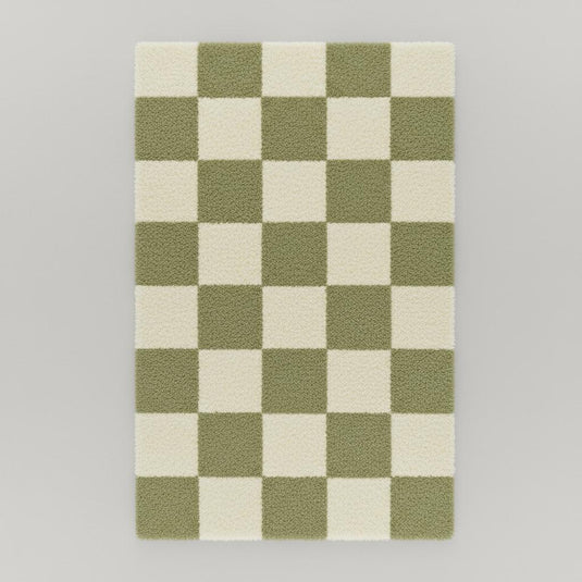 Translation missing: en.Handmade Tufted Wool Checkerboard Rug: Green &amp; Cream Boho Decor