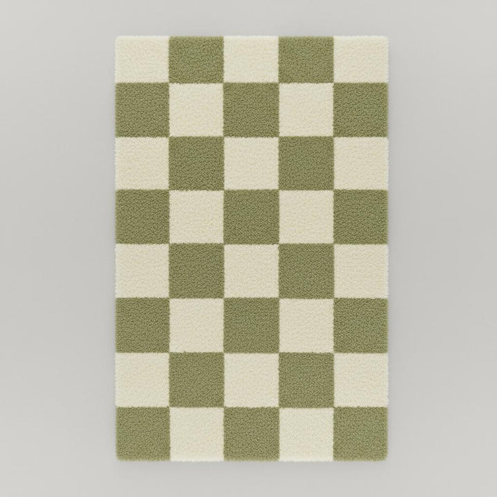 Translation missing: en.Handmade Tufted Wool Checkerboard Rug: Green &amp; Cream Boho Decor