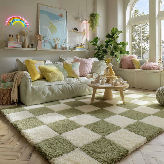 Translation missing: en.Handmade Tufted Wool Checkerboard Rug: Green &amp; Cream Boho Decor