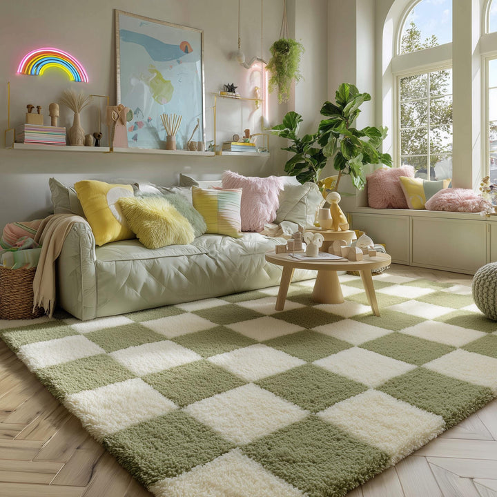 Translation missing: en.Handmade Tufted Wool Checkerboard Rug: Green &amp; Cream Boho Decor