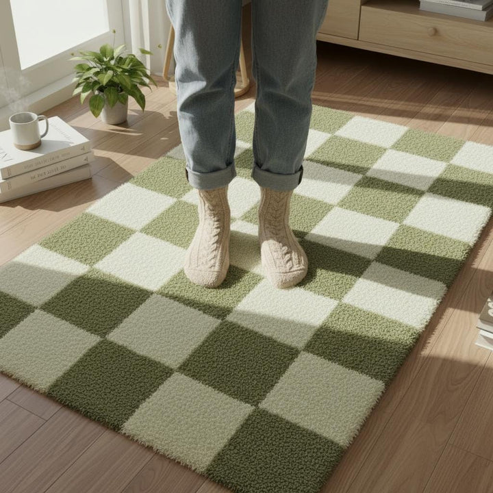 Translation missing: en.Handmade Tufted Wool Checkerboard Rug: Green &amp; Cream Boho Decor