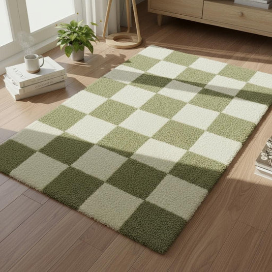 Translation missing: en.Handmade Tufted Wool Checkerboard Rug: Green &amp; Cream Boho Decor